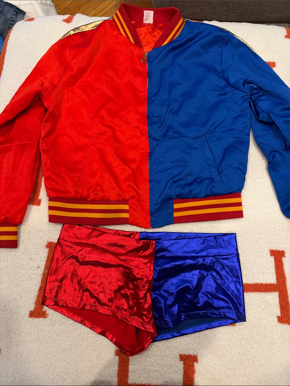 Hayley Quinn Red & Blue Split Bomber Jacket and Shorts Costume